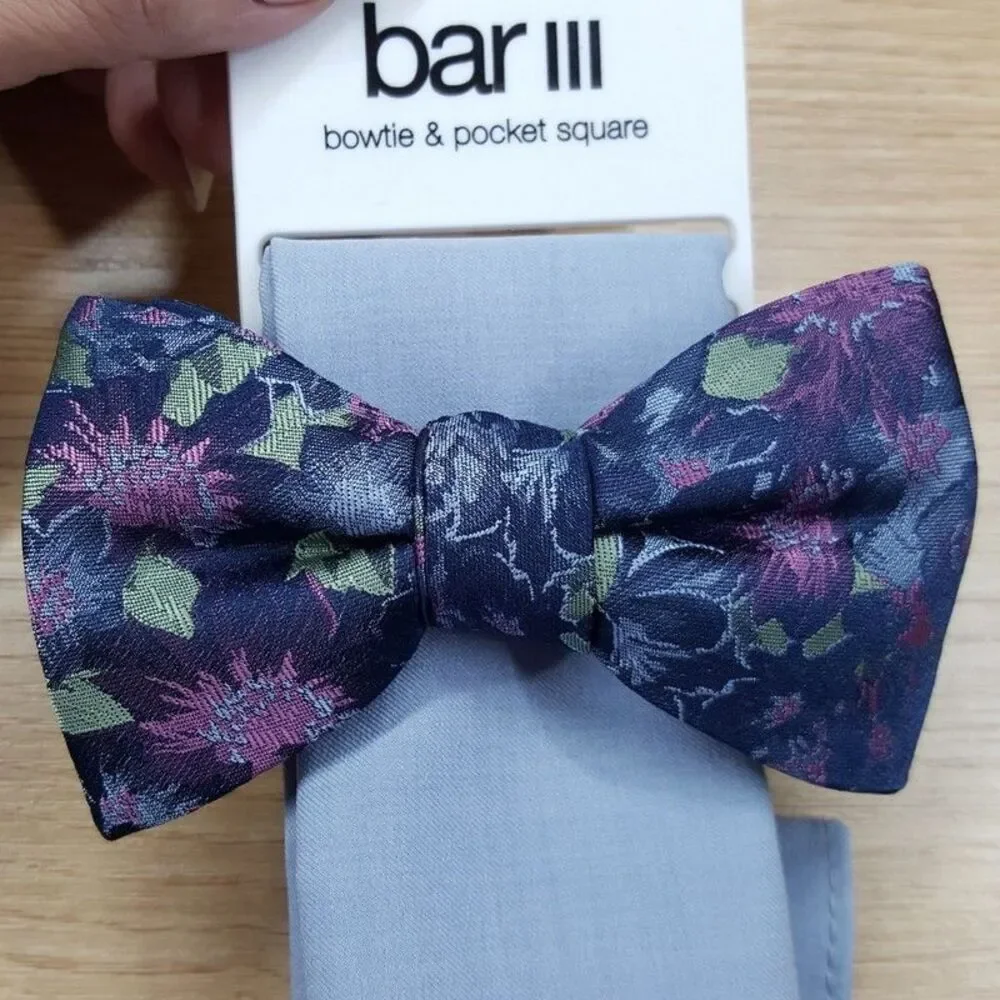 BAR III Mens Blue Floral Bow Tie + Solid Pocket Square Set